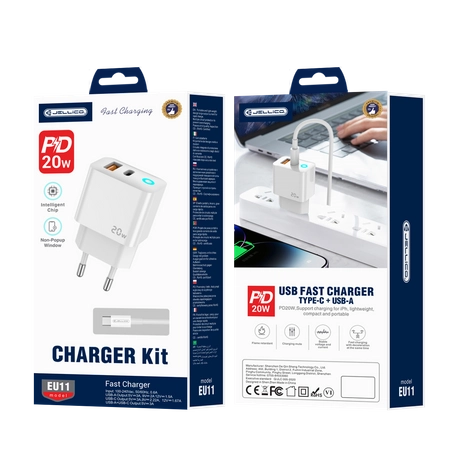 JELLICO wall charger EU11 PD 20W 1xUSB-C + 1xUSB QC3.0 + cable USB-C - USB-C White